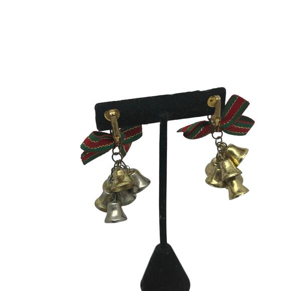 Vintage Christmas Jingle Bell Clip On Earrings Holiday Festive Bow Dangle Retro - Picture 5 of 11